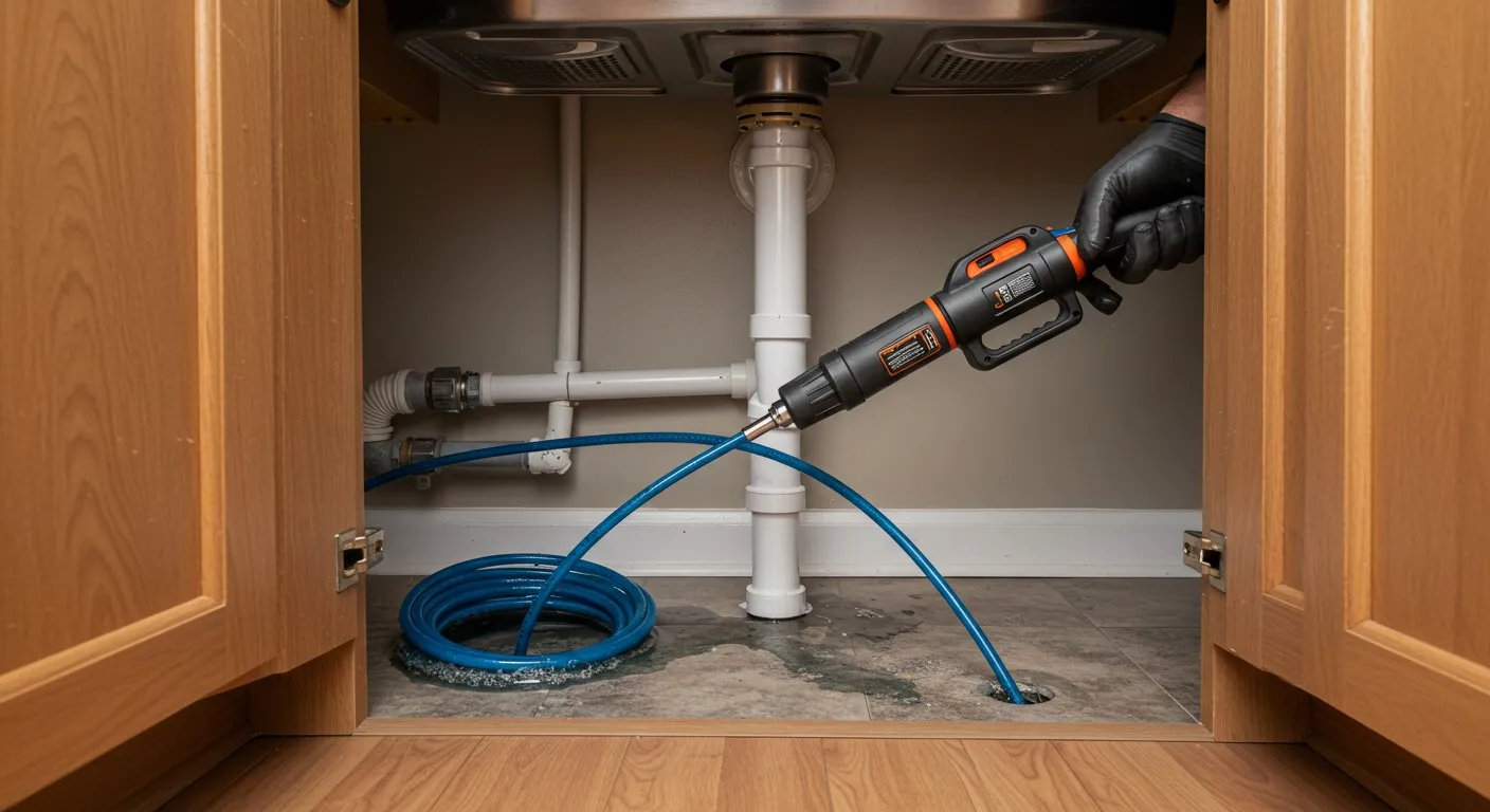 Plumbing repair with power drill under kitchen sink with blue hose