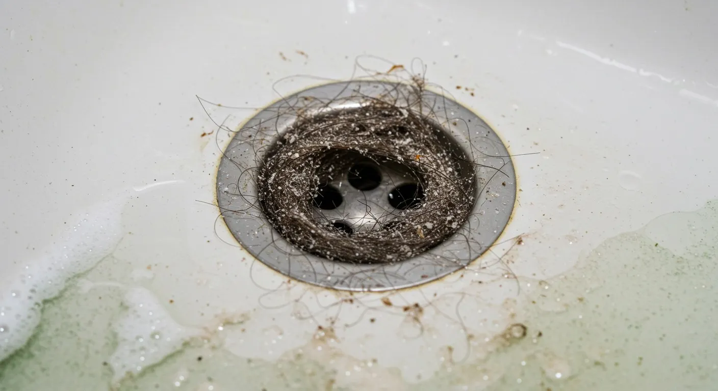 Hair clogged drain with tangled strands and debris