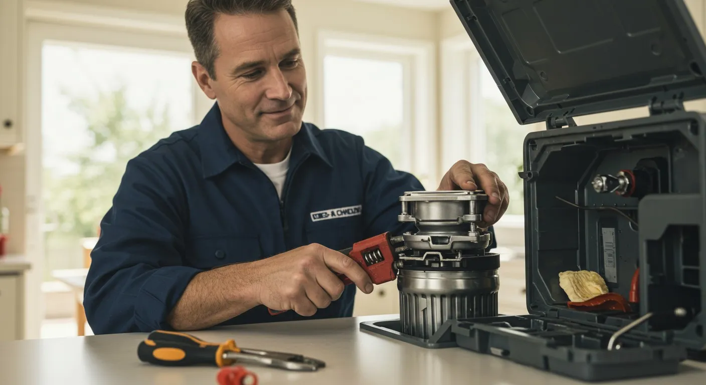 Technician in blue uniform repairing mechanical device with wrench