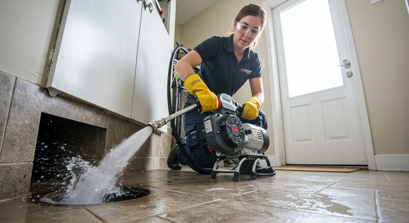 Technician using pressure washer to clean floor near drain