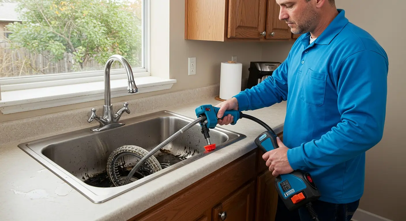 Person cleaning kitchen sink with high-pressure spray tool
