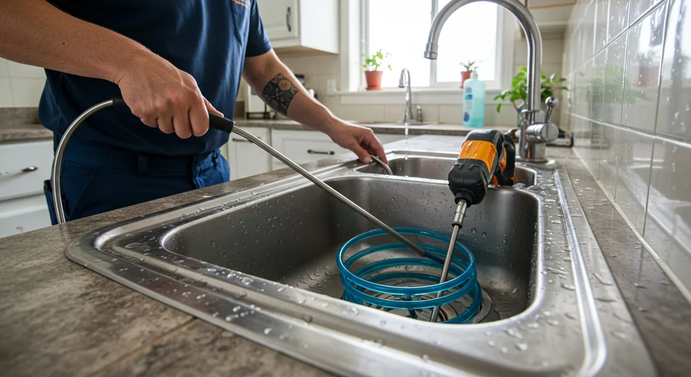 Plumber using drain snake to unclog kitchen sink with blue hose