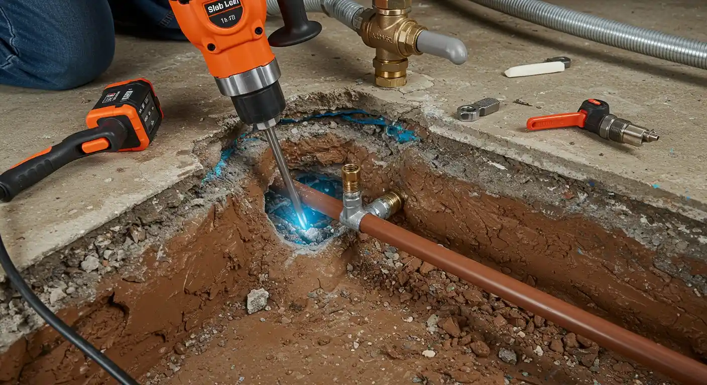 Plumbing repair with drill and pipes in concrete floor excavation