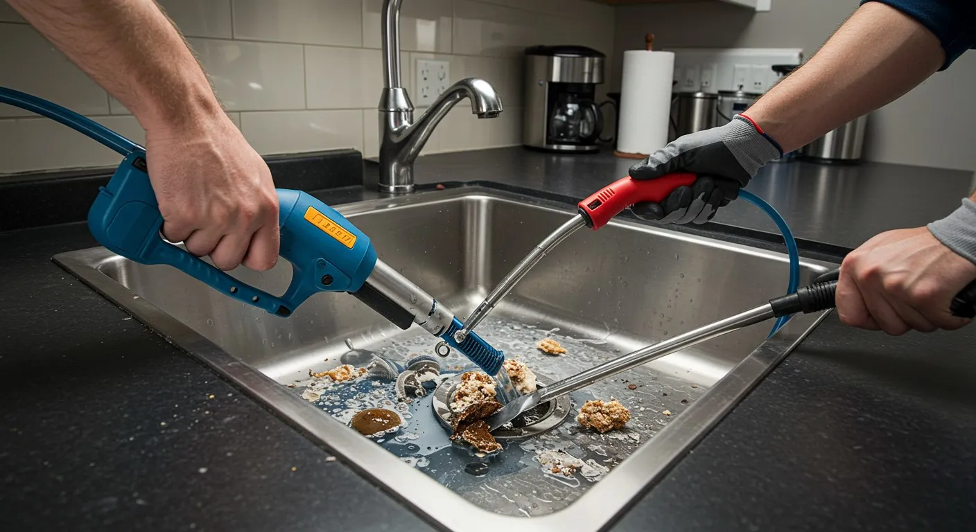 High-pressure water jets cleaning dirty kitchen sink with food debris