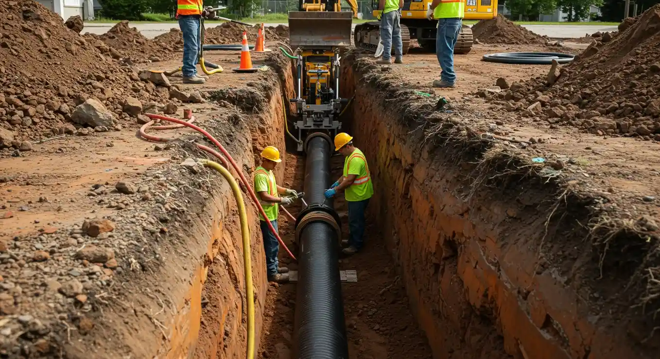 Construction workers installing large underground pipes in excavated trench