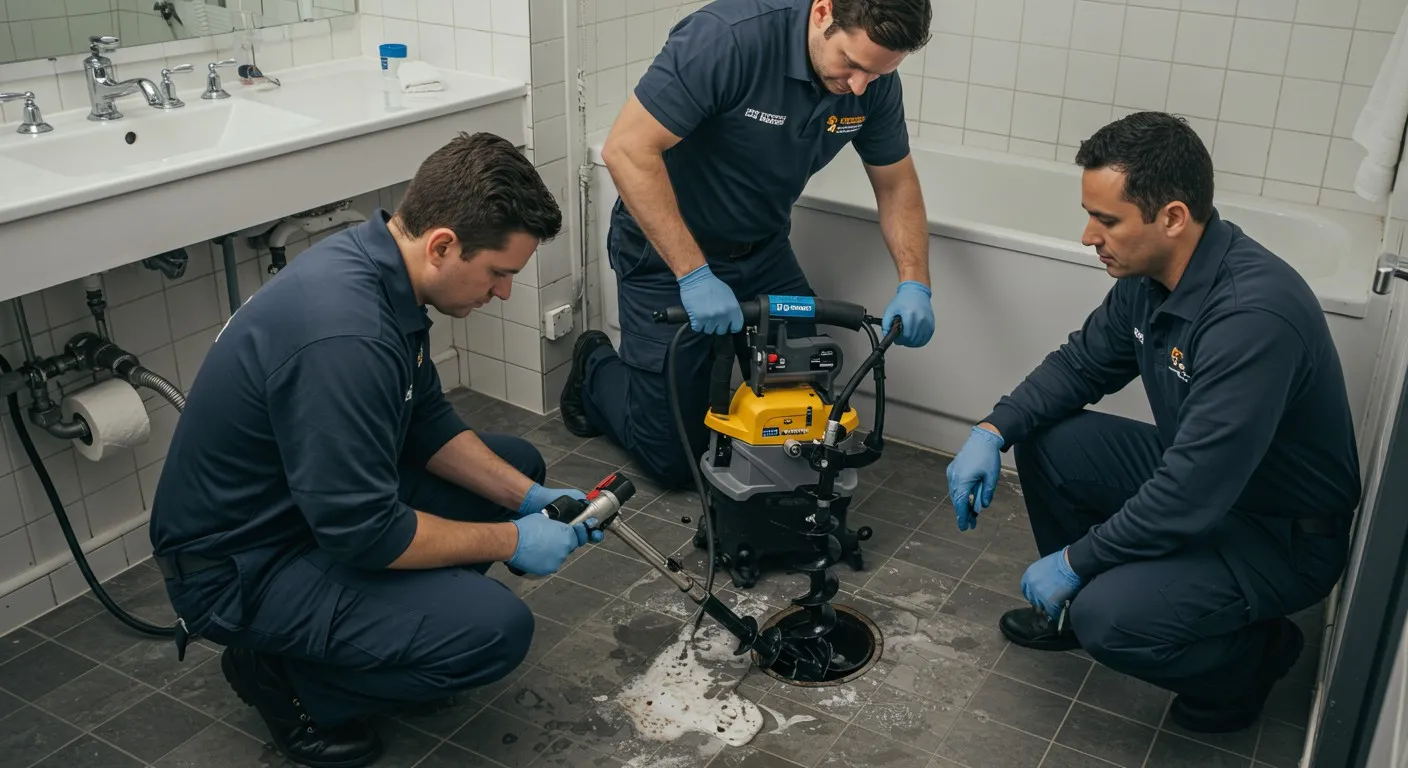 Technicians using industrial equipment to service bathroom floor drain