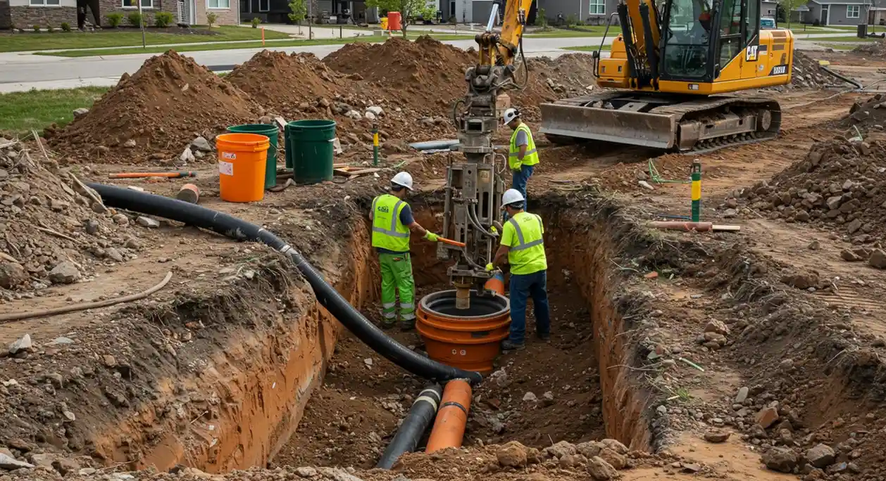 Construction workers installing underground pipes with excavator in residential area