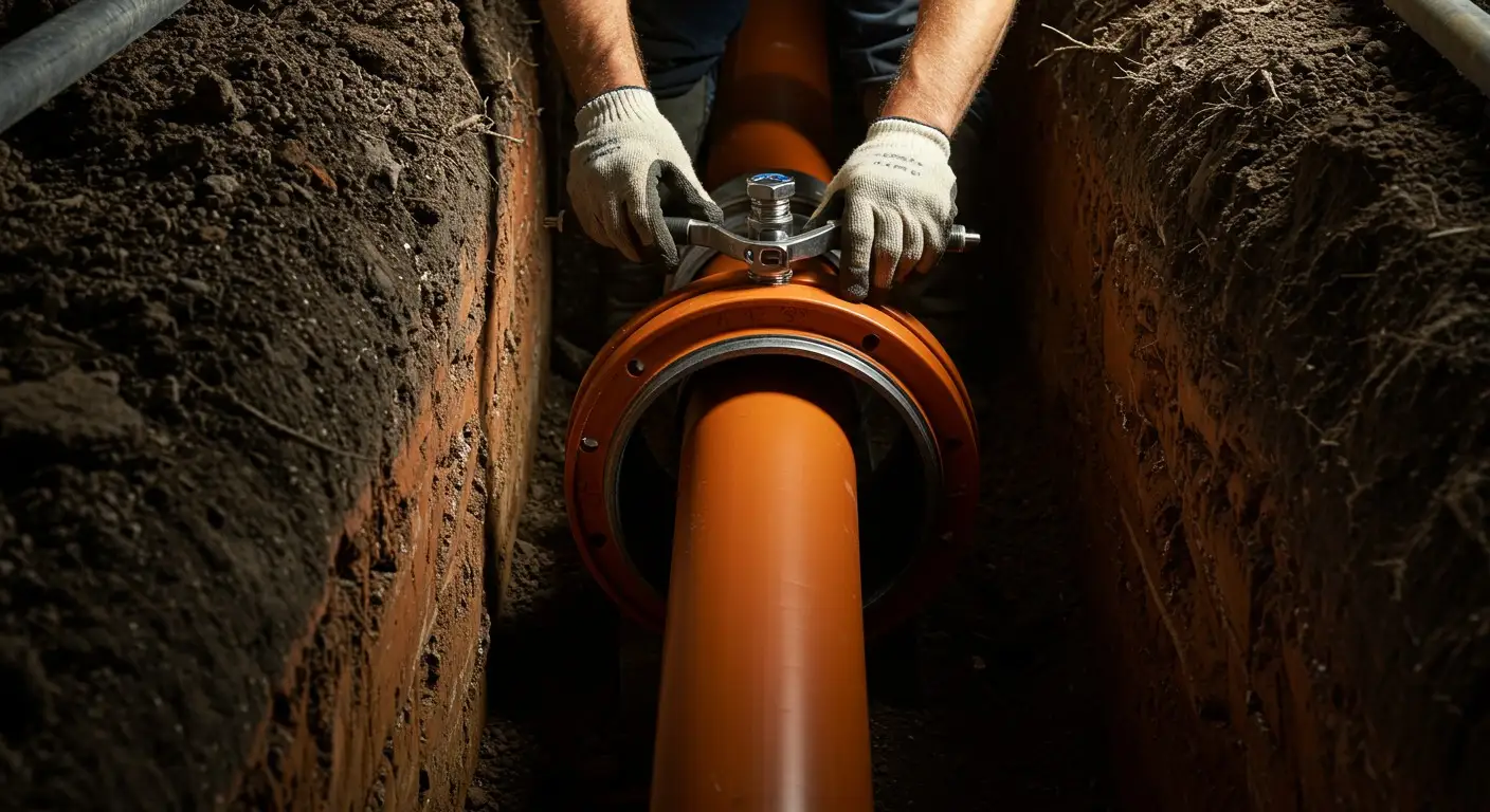 Worker adjusting large orange pipe in underground earthen trench