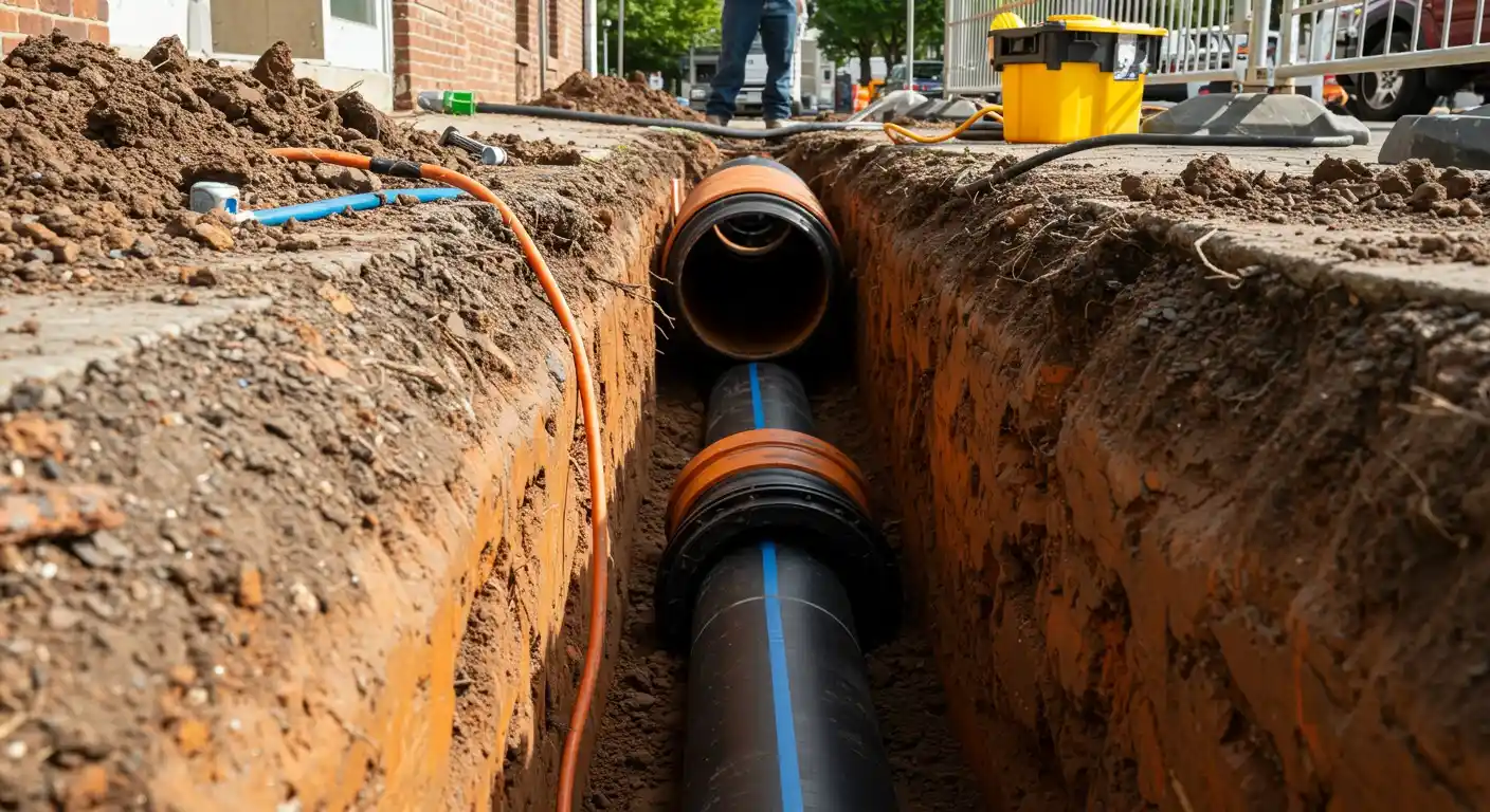 Underground utility pipes and cables being installed in a construction trench