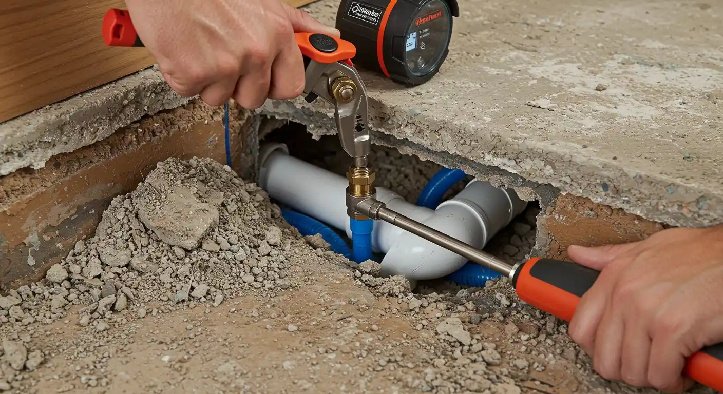 Plumber repairing pipe under concrete floor with professional tools