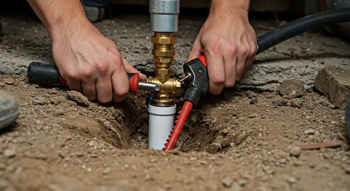 Hands installing plumbing pipe fitting with wrench in dirt ground