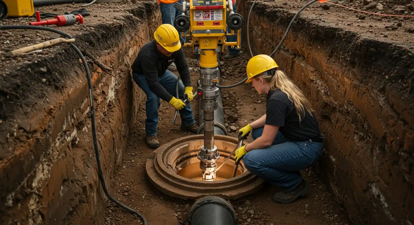 Construction workers installing pipeline equipment in muddy excavation site