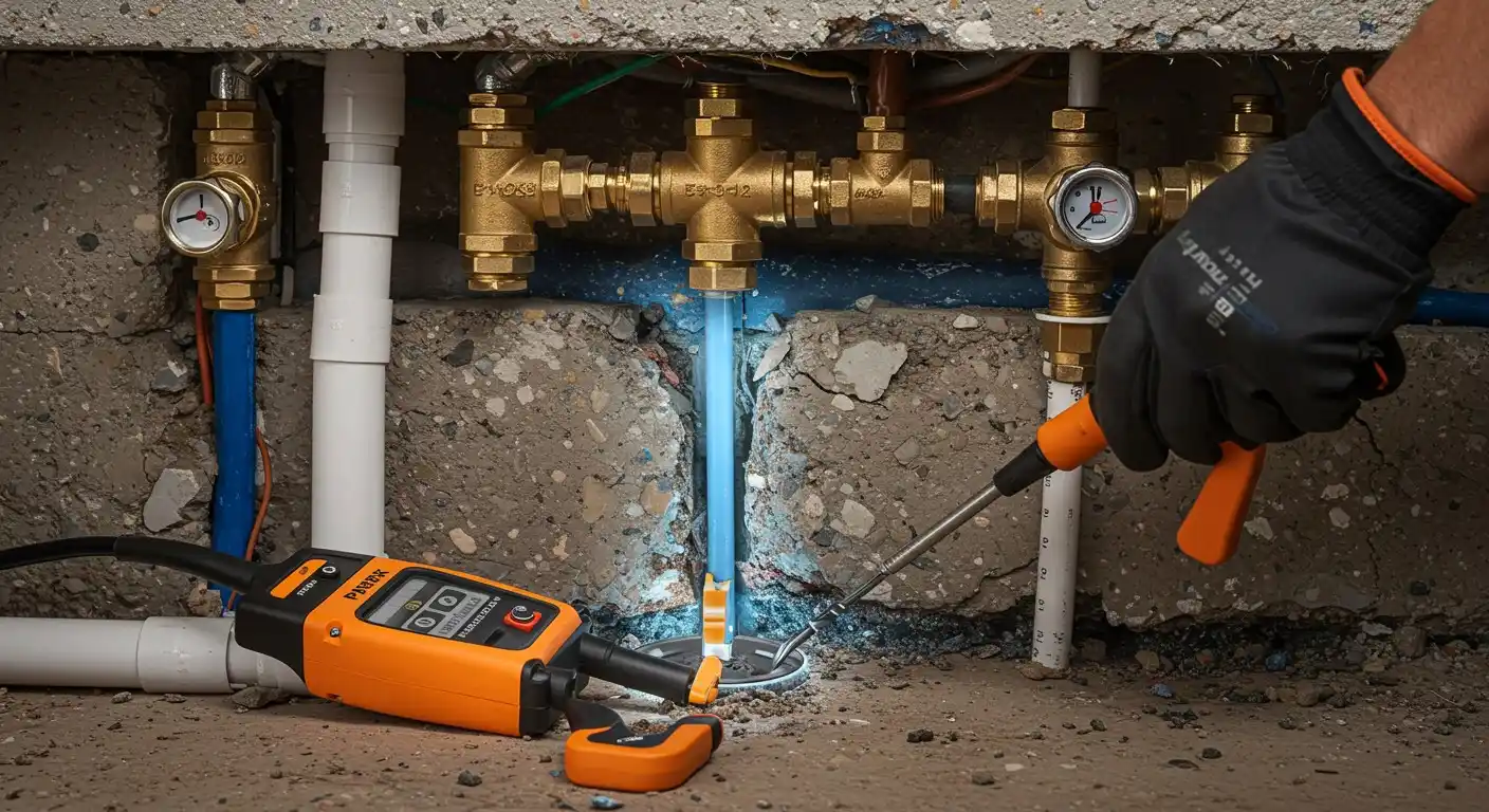 Plumbing tools and pipes with glowing blue water leak detection