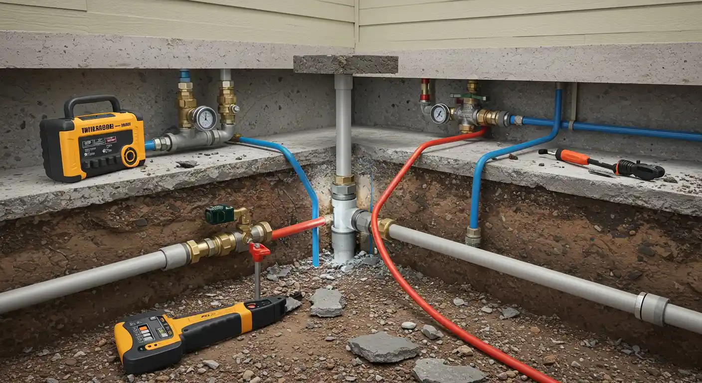 Plumbing installation with pipes, valves, and yellow diagnostic tools underground