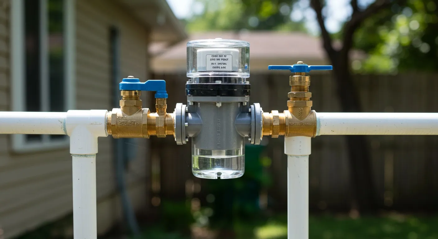 Water meter with brass valves and pipes in residential backyard setting