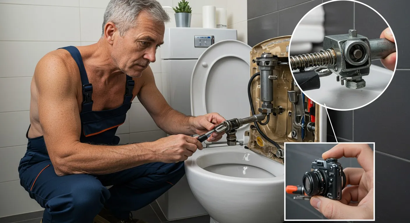 Plumber repairing toilet mechanism with specialized tools in bathroom