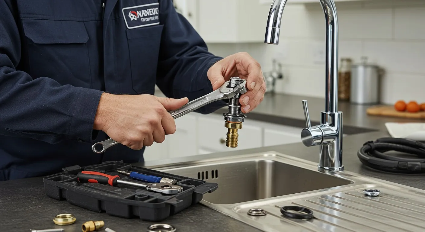 Plumber repairing kitchen sink faucet with wrench and tool kit