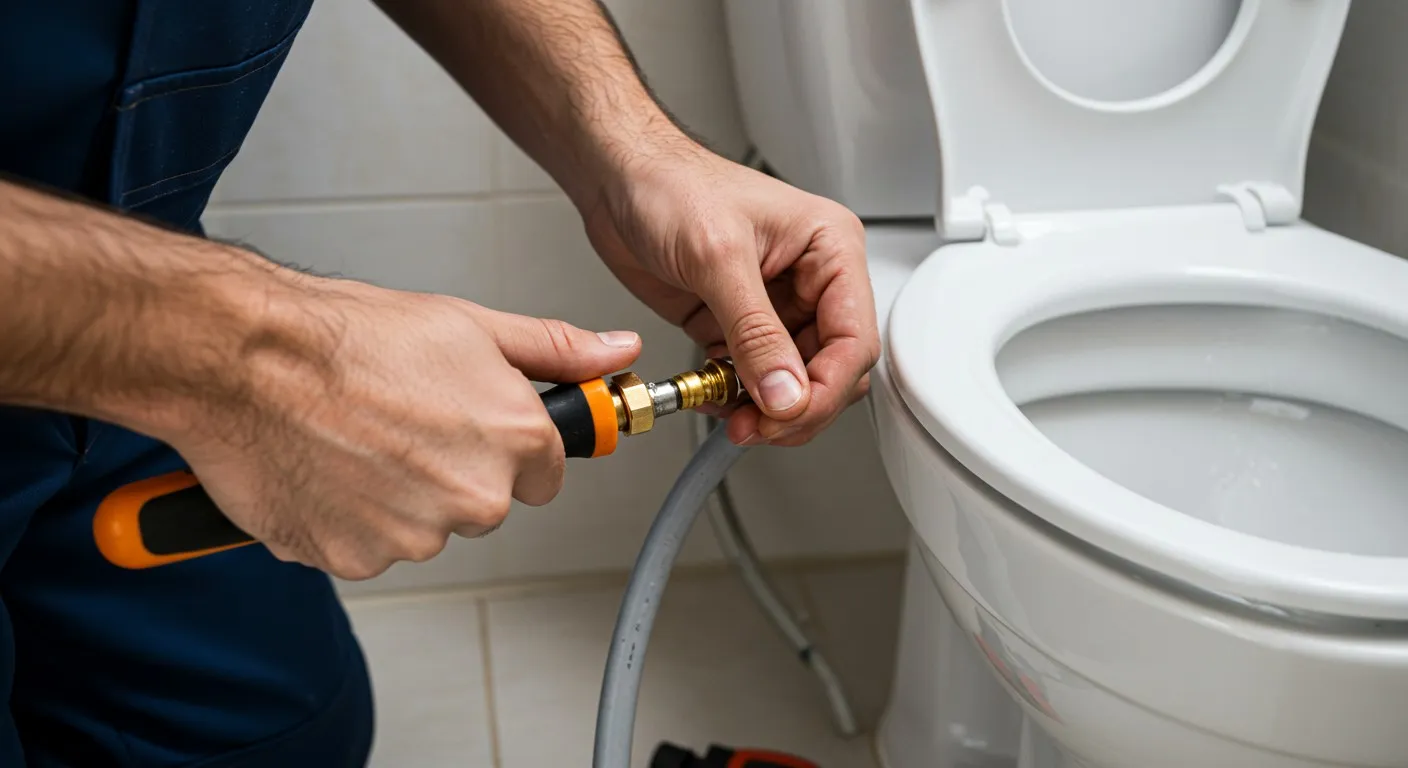 Plumber connecting water hose to toilet fixture in bathroom