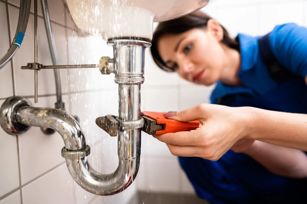 Plumber fixing sink pipe using wrench in tiled bathroom