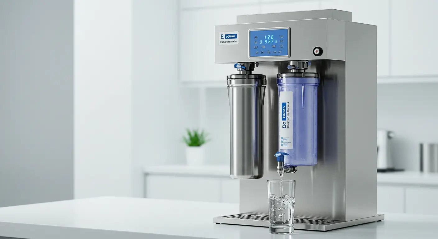 Modern water filtration system dispensing clean water into a clear glass
