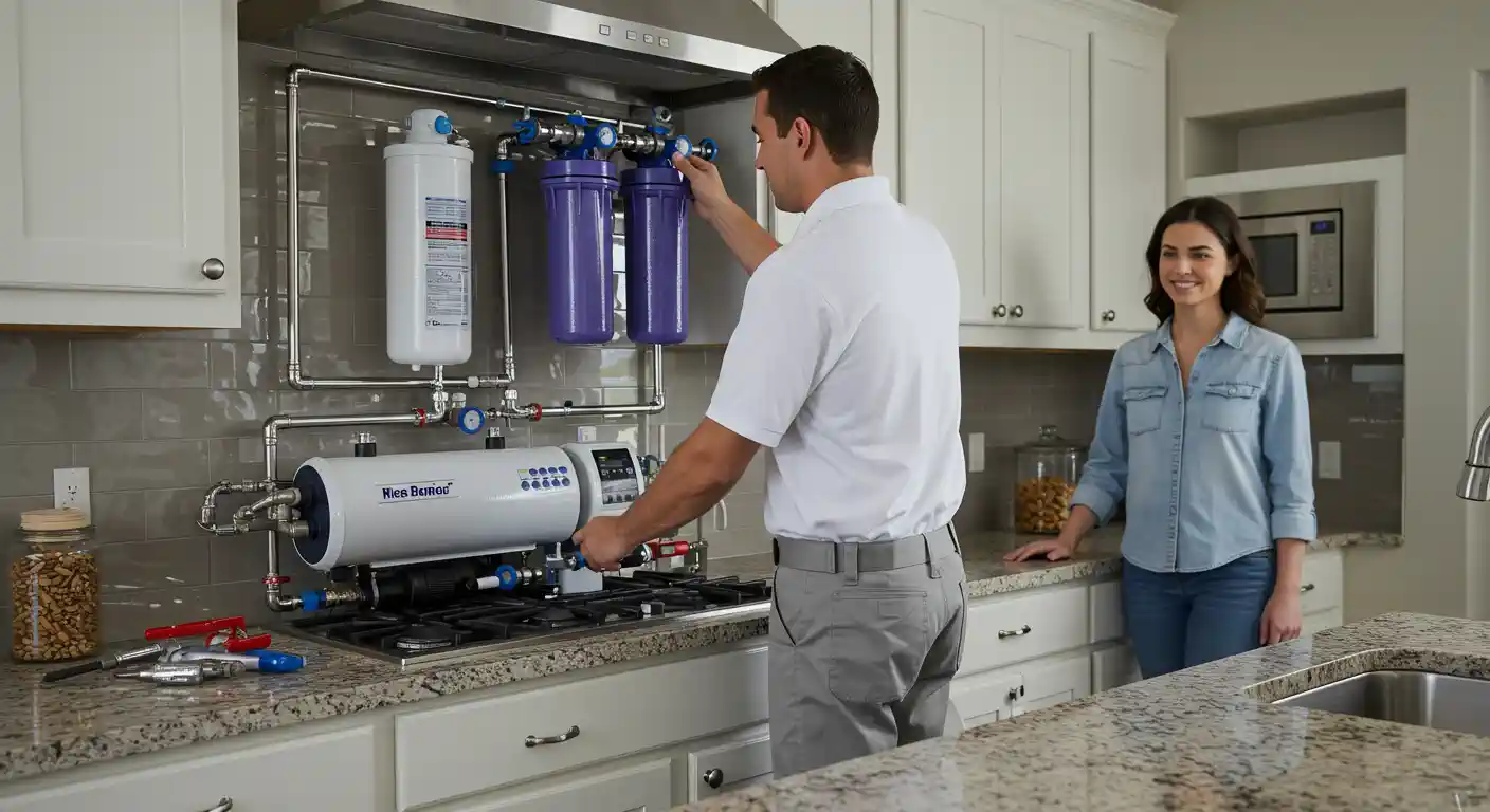 Technician installing a water filtration system in a modern kitchen