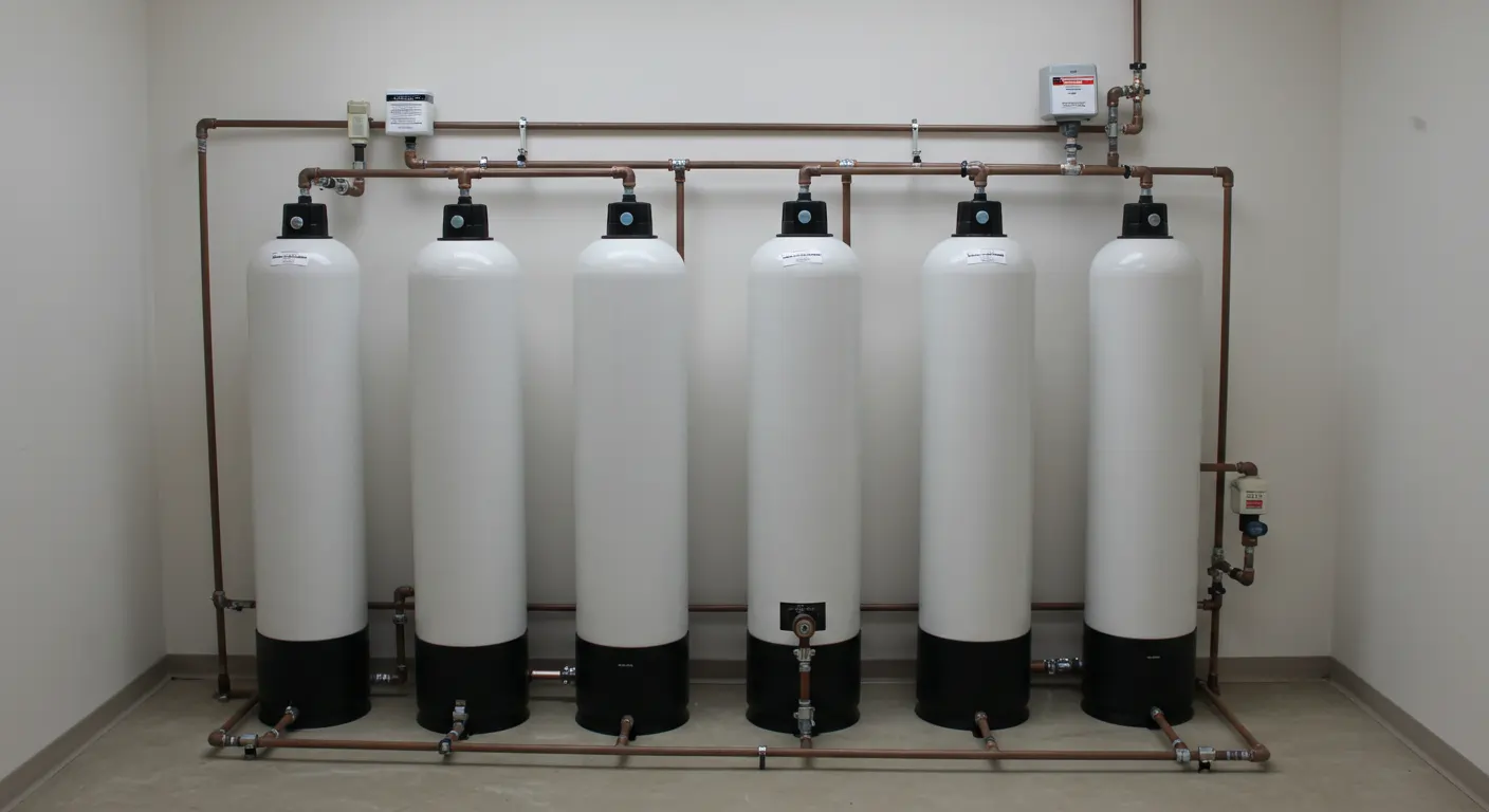 Six white industrial water filtration tanks connected by copper pipes