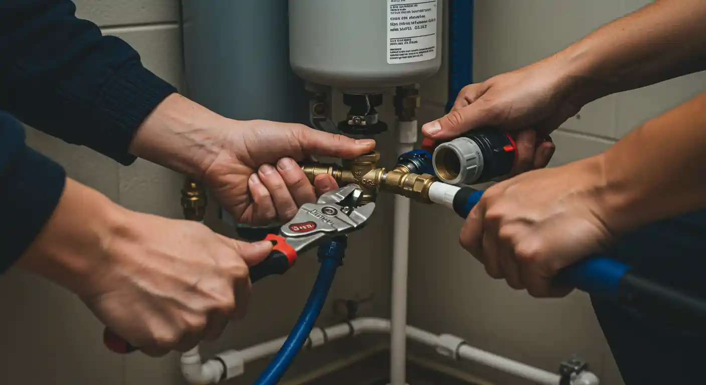 Plumbers using tools to connect pipes and valves on water heater