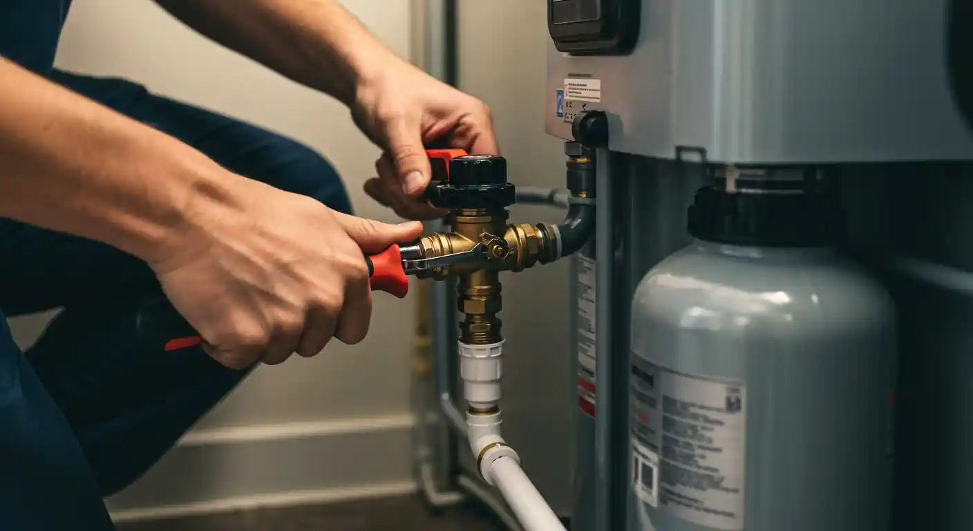 Hands adjusting valves on a water heater or boiler system