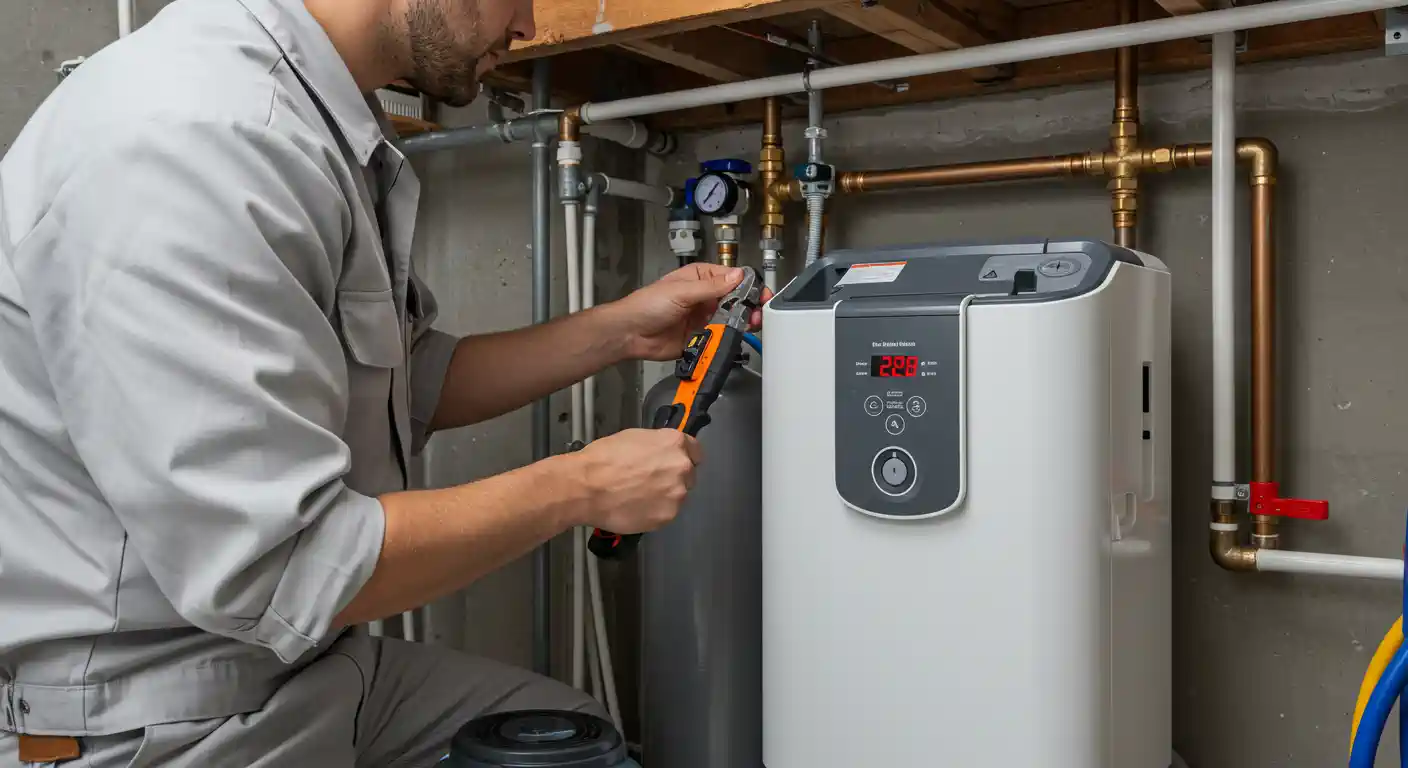 Technician checking water heater with tool in utility room