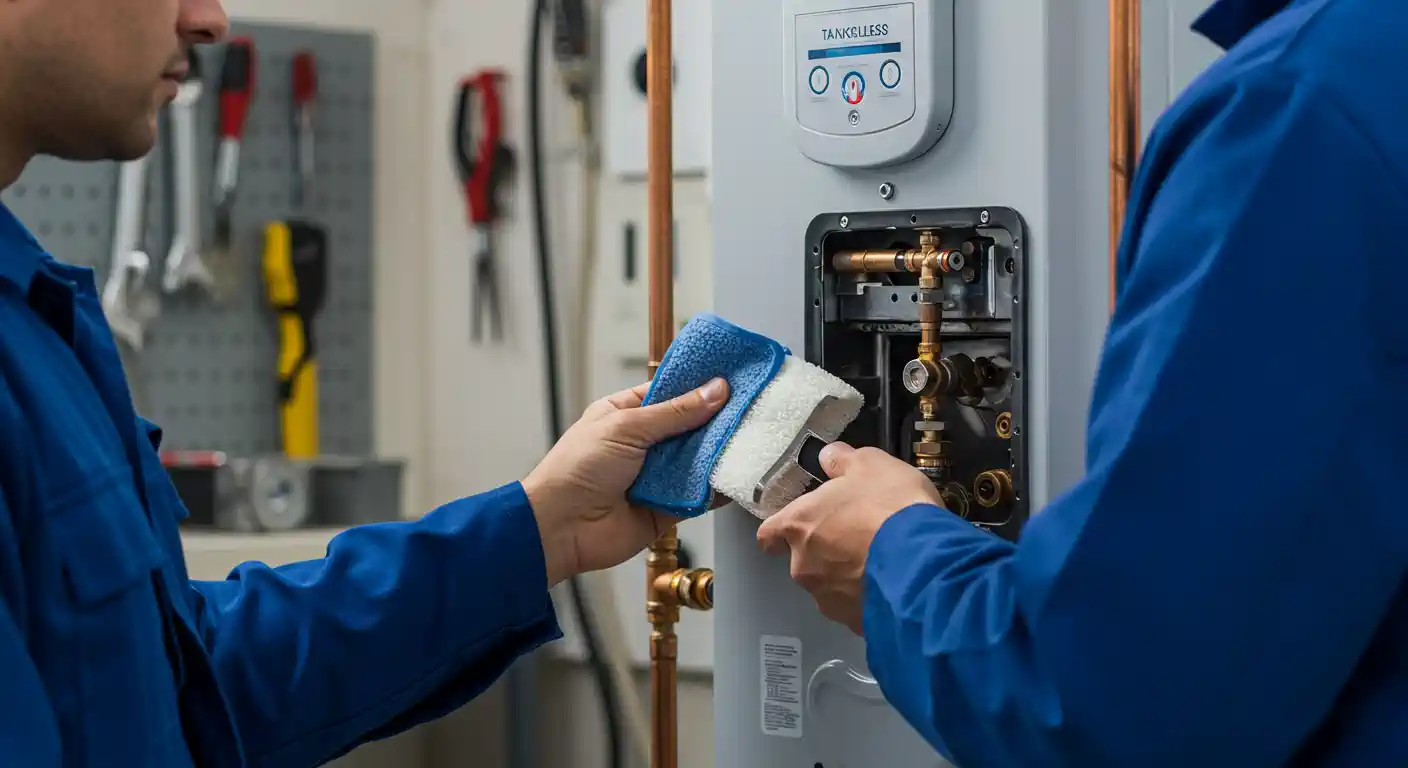 Technician servicing a tankless water heater with cleaning cloth