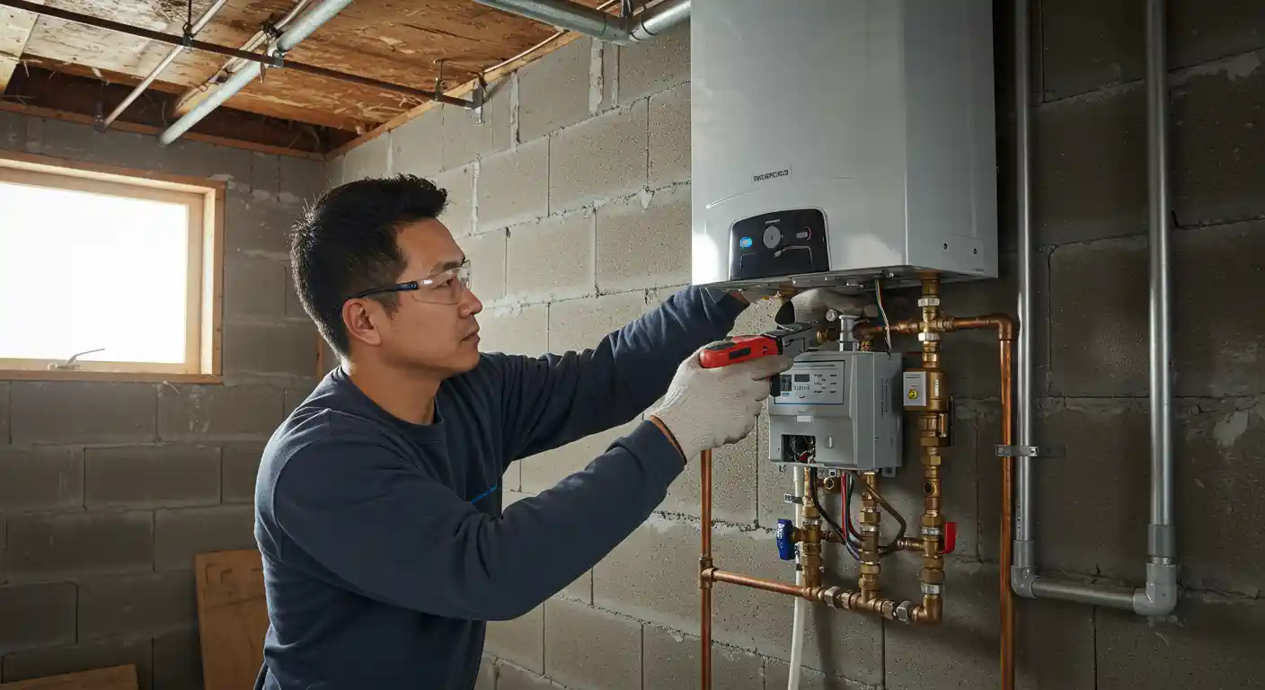 Technician checking water heater with wrench in unfinished basement