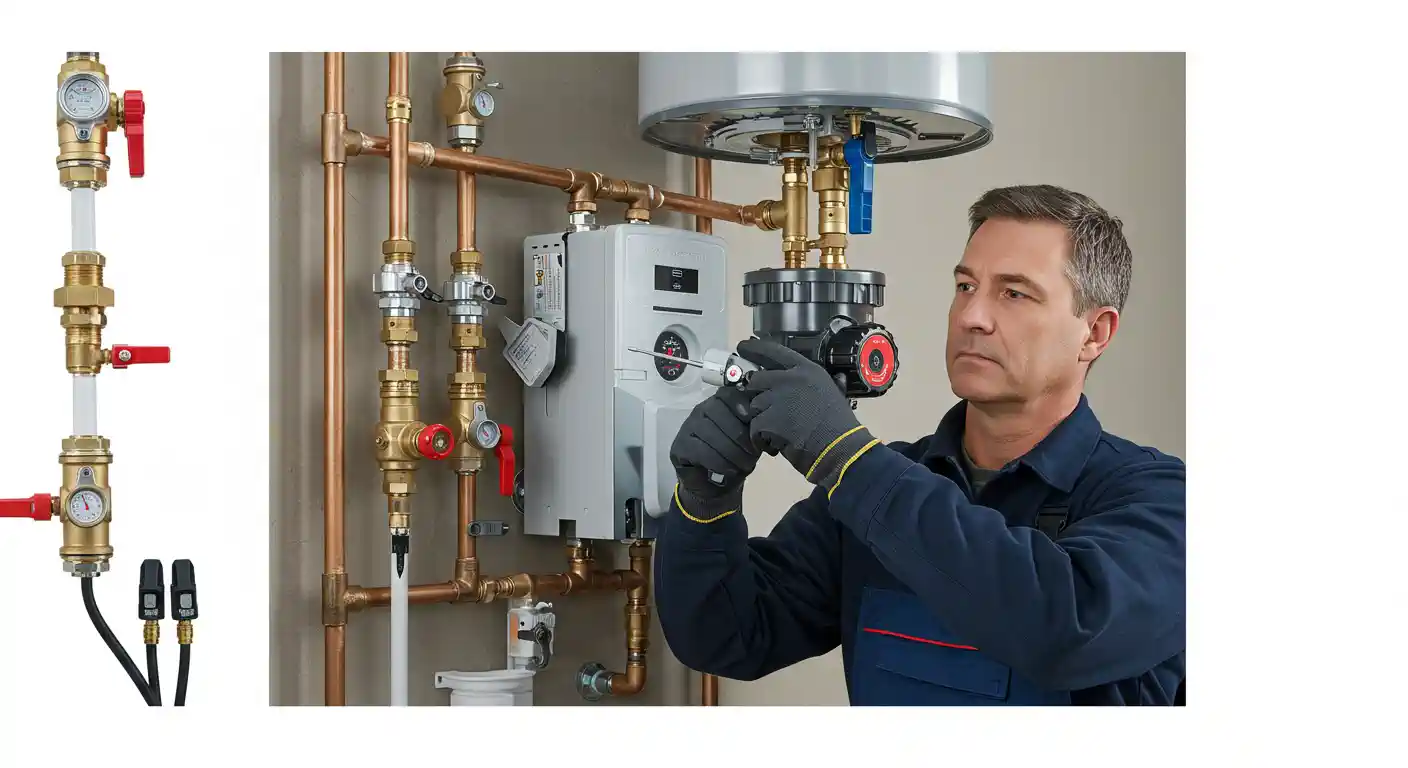 Technician adjusting valves on complex heating system with copper pipes