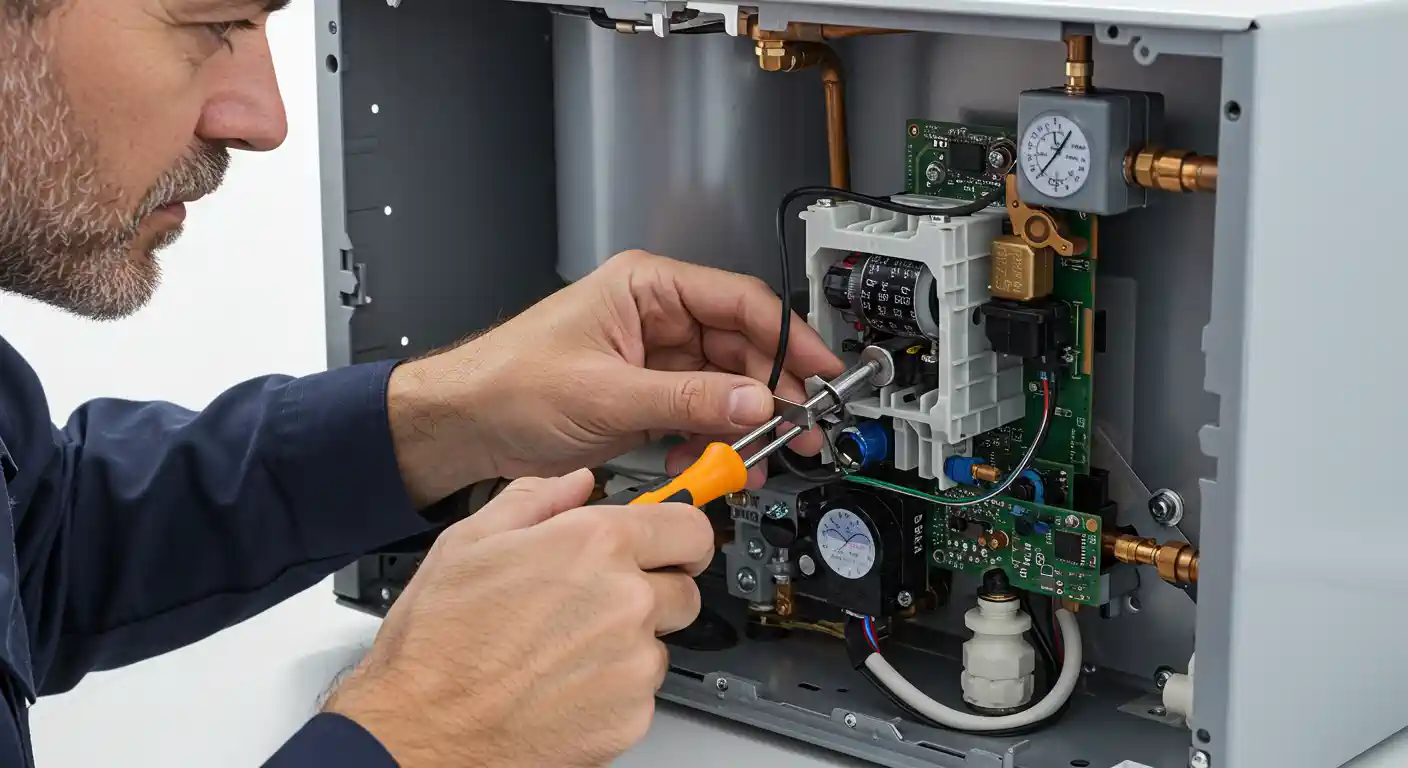 Technician repairing internal components of a heating system with screwdriver