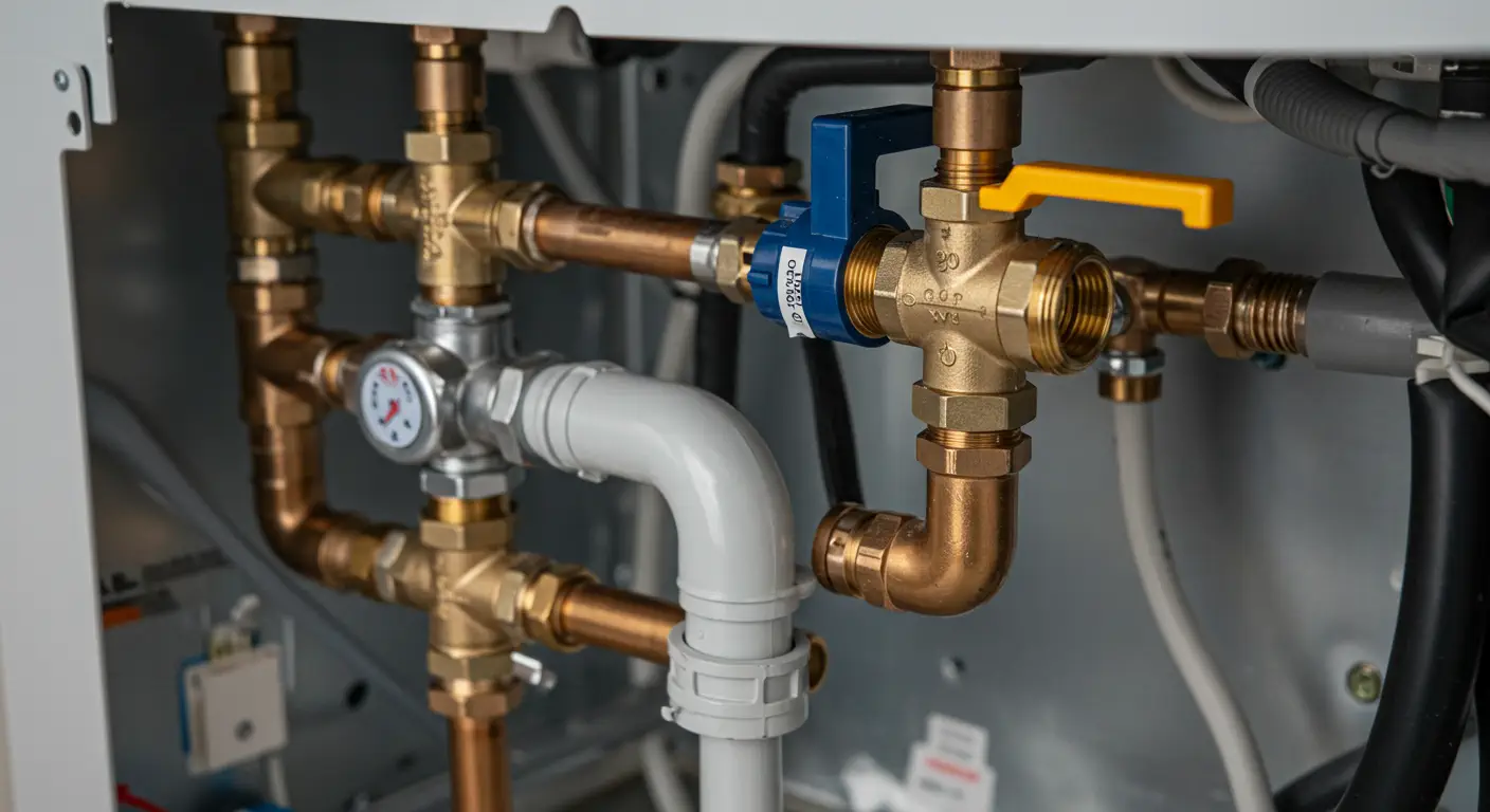 Copper and brass plumbing pipes with valves and pressure gauge