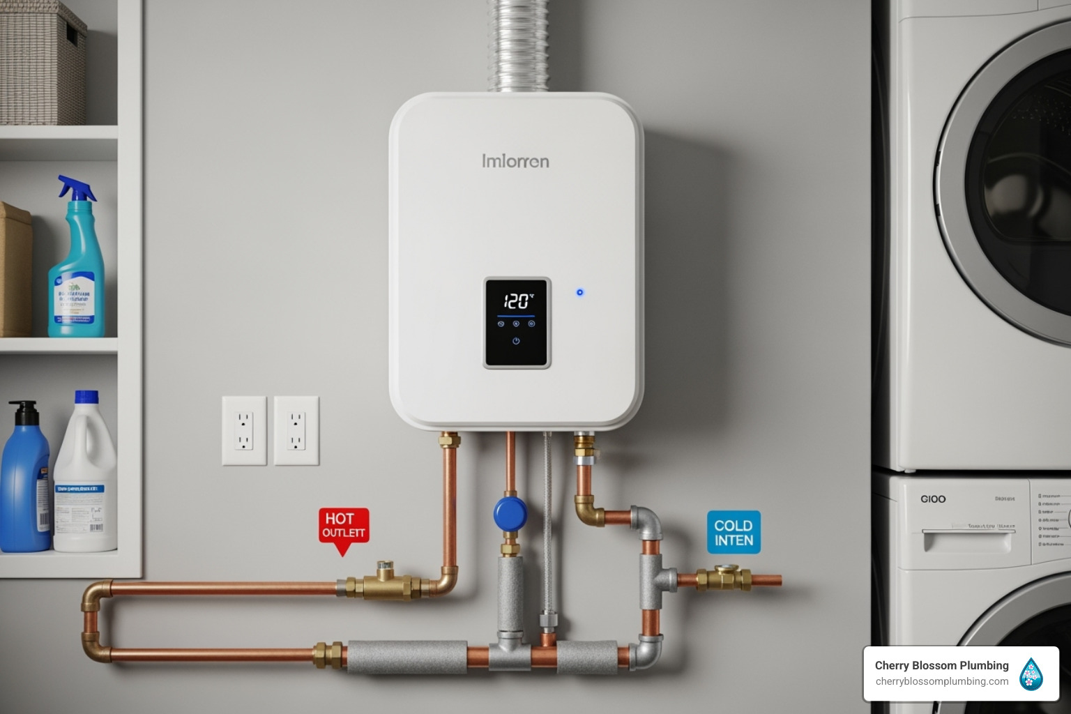 Imlörren tankless water heater installed with copper pipes near laundry