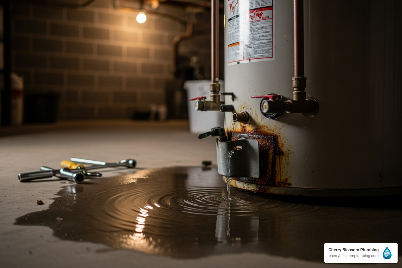 Leaking water heater with tools and spreading water puddle on floor