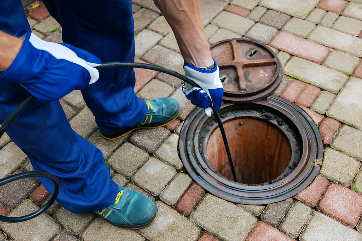 Worker in blue uniform inspecting sewer manhole with drainage hose