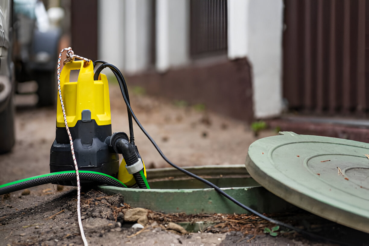 Yellow and black water pump connected to green hose near manhole cover