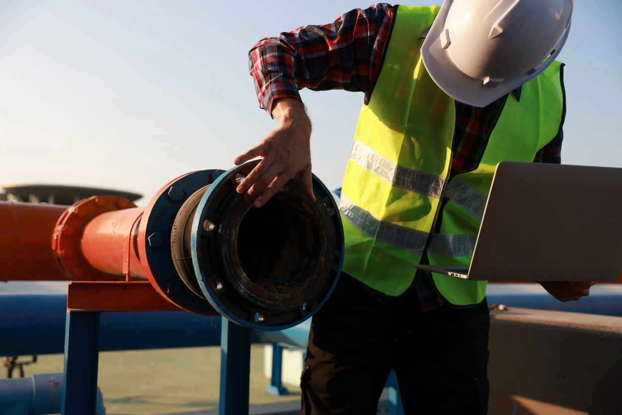 A person wearing a hard hat and reflective vest uses a laptop to inspect a large industrial pipe outdoors.