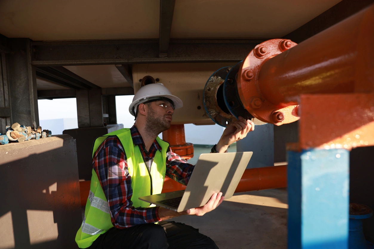 A worker in a hard hat and safety vest inspects an orange industrial pipe while holding a laptop.