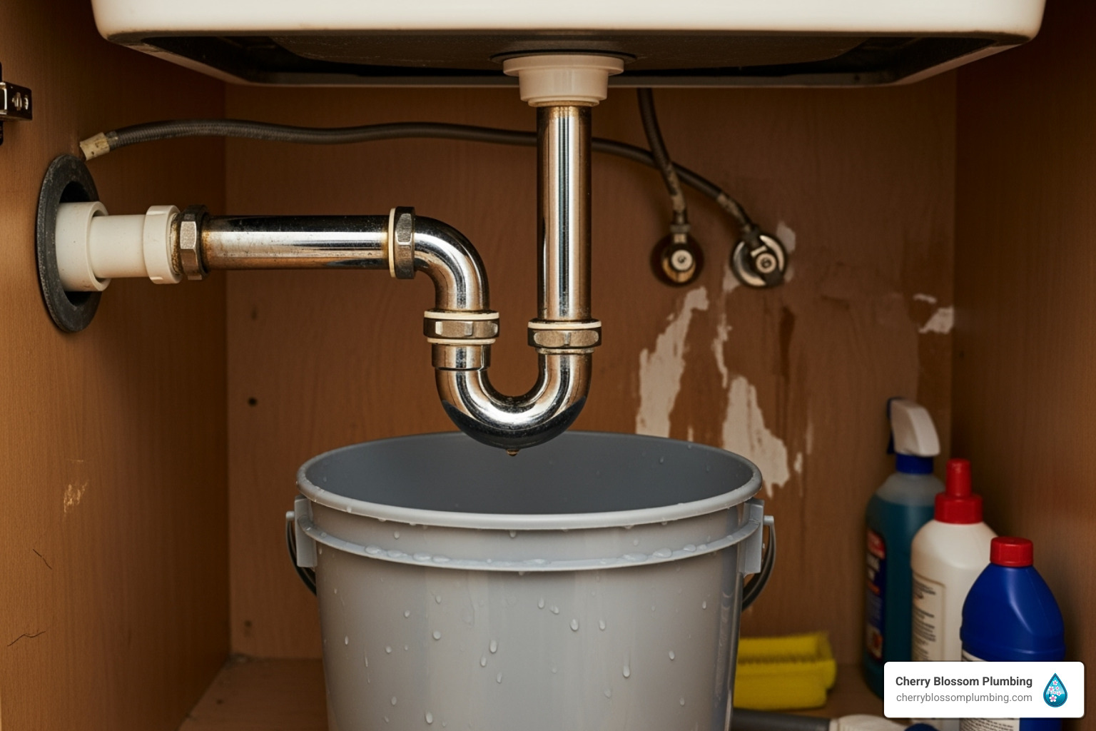 P-trap under a kitchen sink with a bucket underneath - Fix clogged kitchen drain