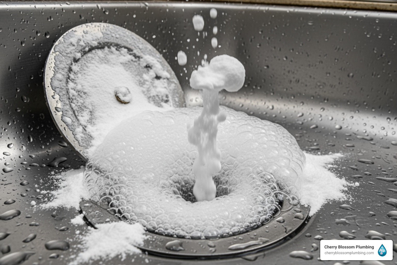 baking soda and vinegar fizzing in a sink drain - Fix clogged kitchen drain