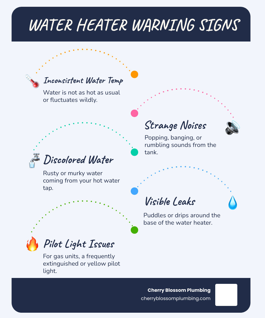 Infographic showing top 5 warning signs of water heater failure including inconsistent water temperature, strange noises like popping or banging, discolored or rusty water, visible leaks around the unit, and pilot light issues for gas units - Arlington water heater repair infographic 