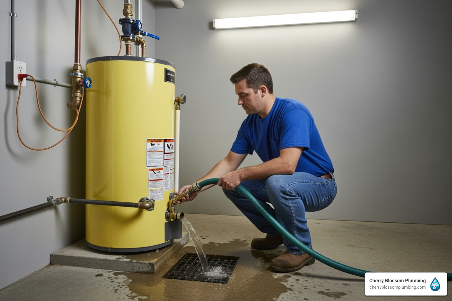 technician flushing a water heater tank - Arlington water heater repair