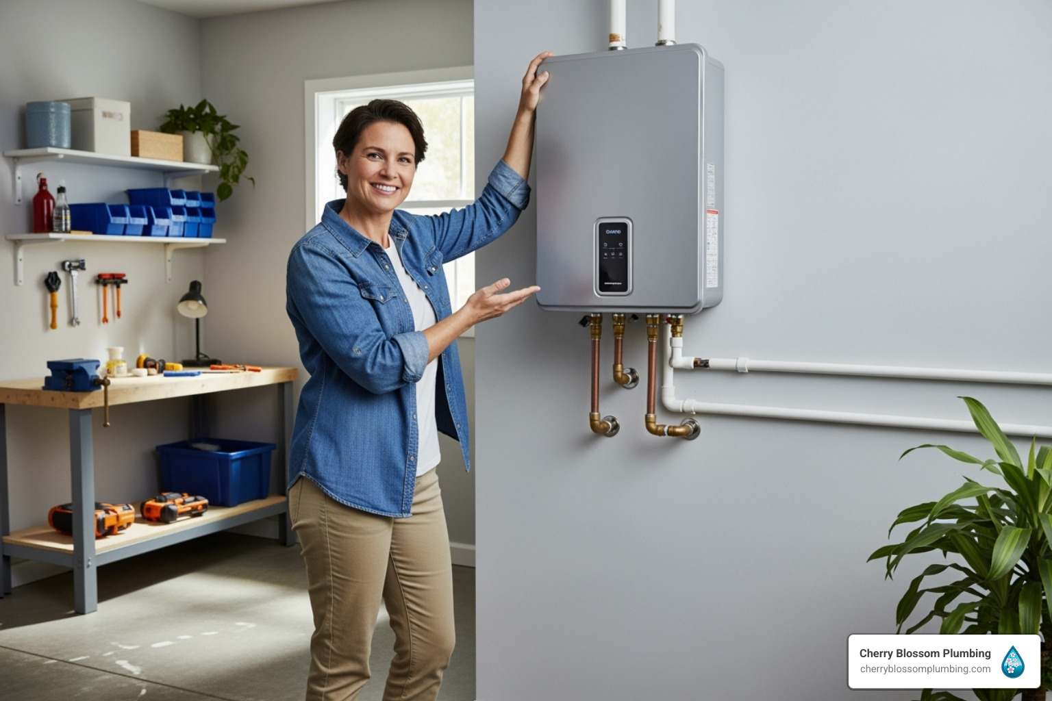 happy homeowner with new tankless water heater - tankless water heater benefits