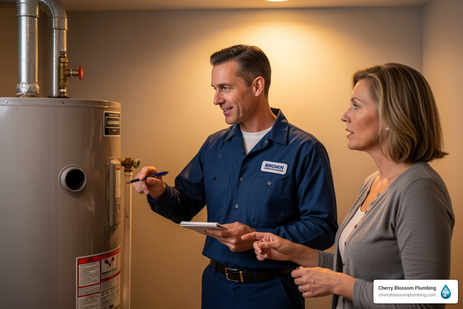 plumber consulting homeowner - tankless water heater benefits