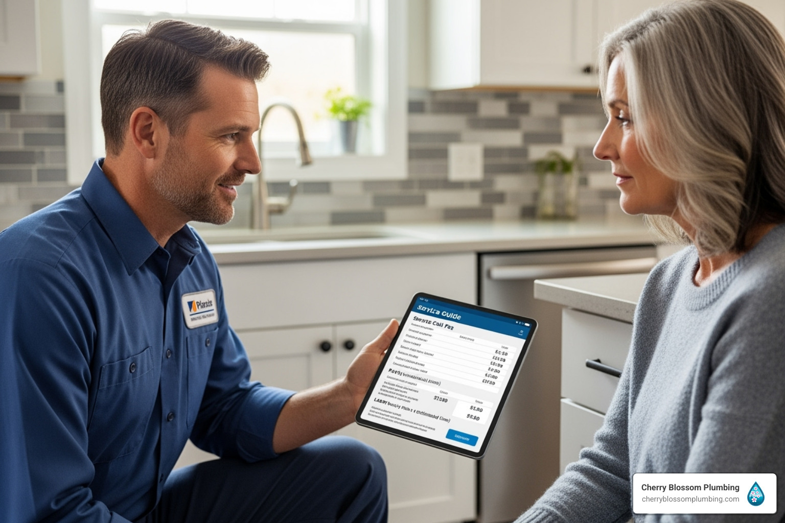 Plumber showing upfront pricing guide - plumbing companies arlington