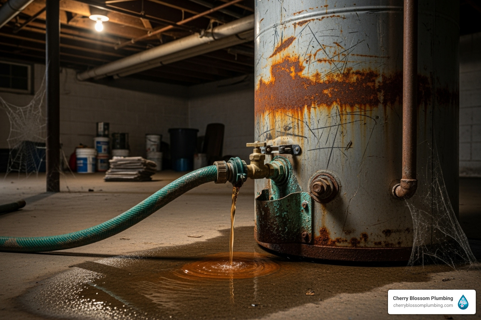 garden hose connected to the drain valve of an old water heater - Gas water heater installation