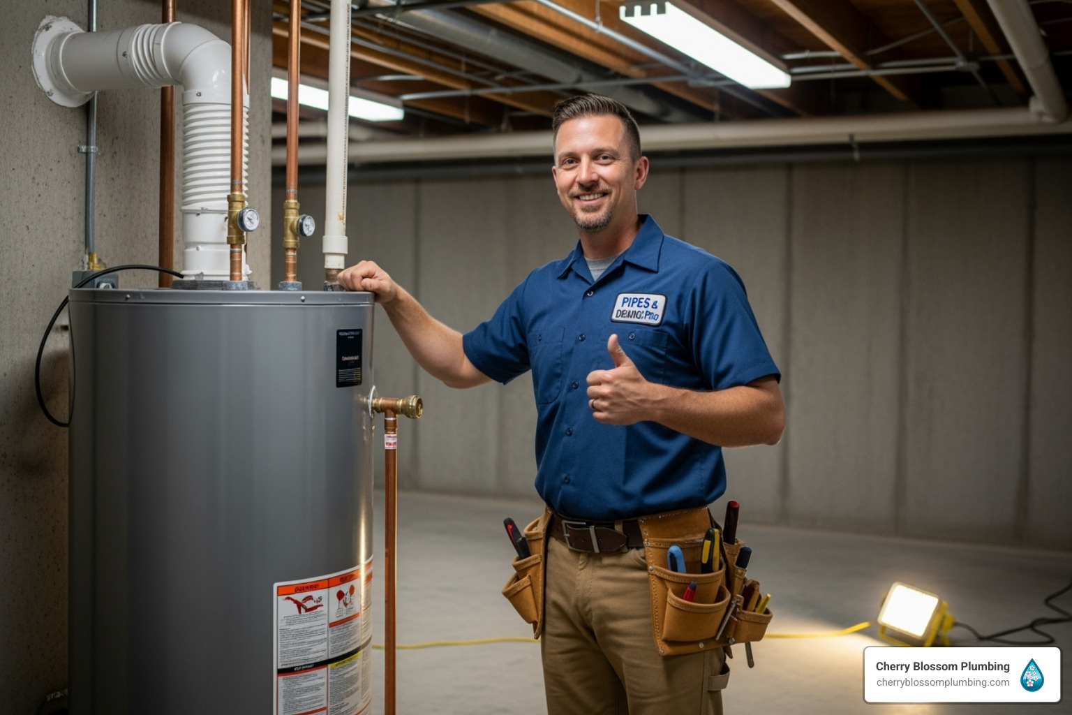 friendly, professional plumber giving a thumbs-up next to a newly installed water heater - Gas water heater installation