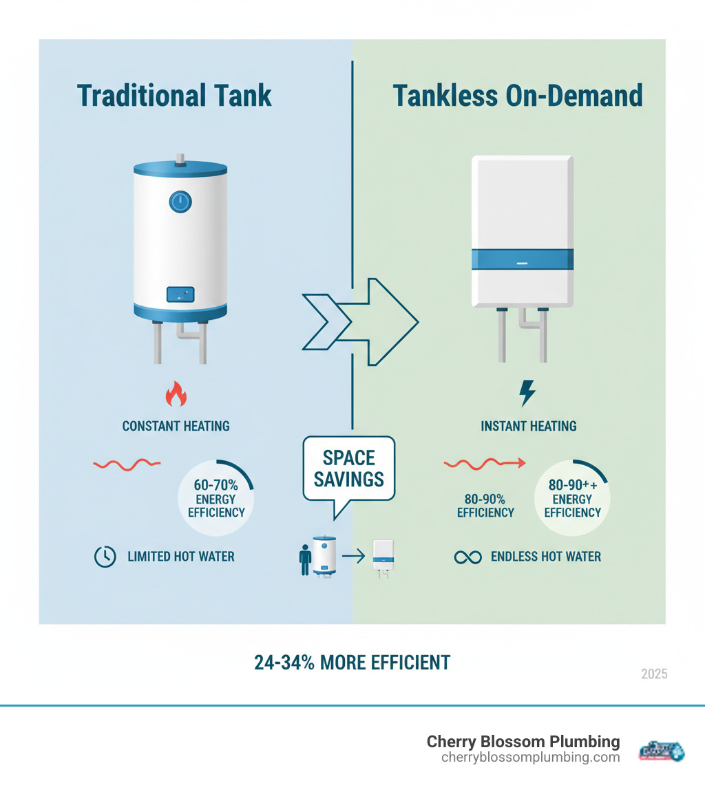 Comparison infographic showing traditional tank water heater with storage tank continuously heating water versus tankless water heater heating water on-demand as it flows through heat exchanger, highlighting energy efficiency differences and space savings - tankless water heater options infographic 